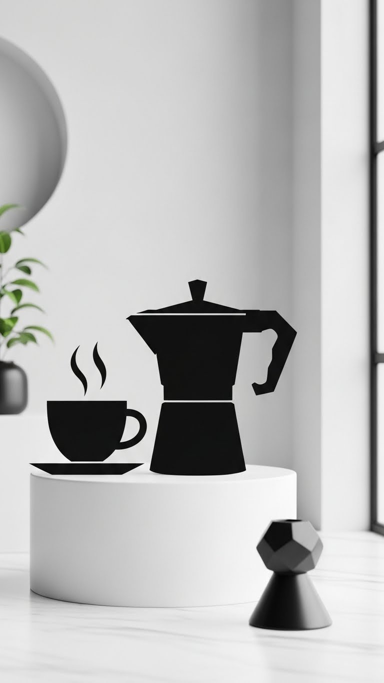 Modern geometric black coffee shapes with clean lines on white pedestal