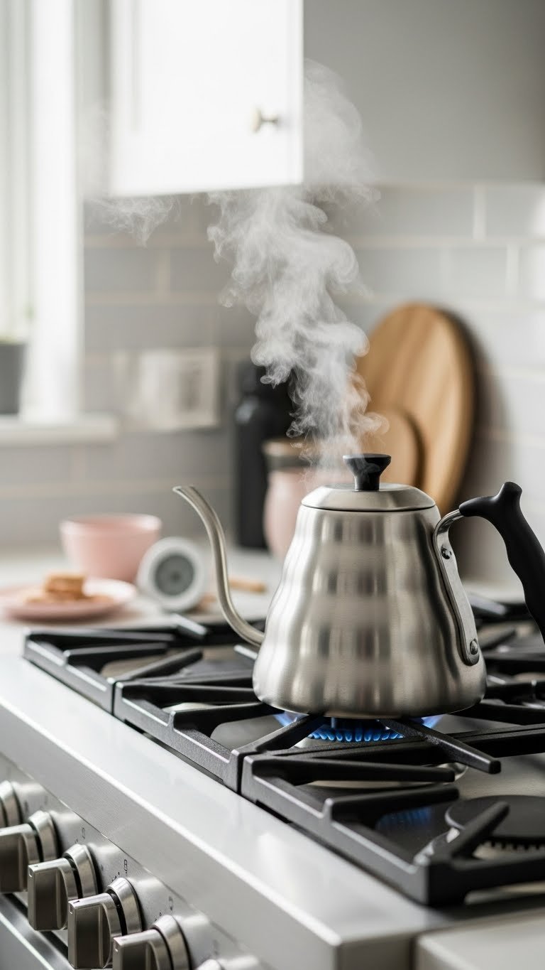 Modern gooseneck kettle steaming on stovetop with minimalist kitchen background for precision brewing