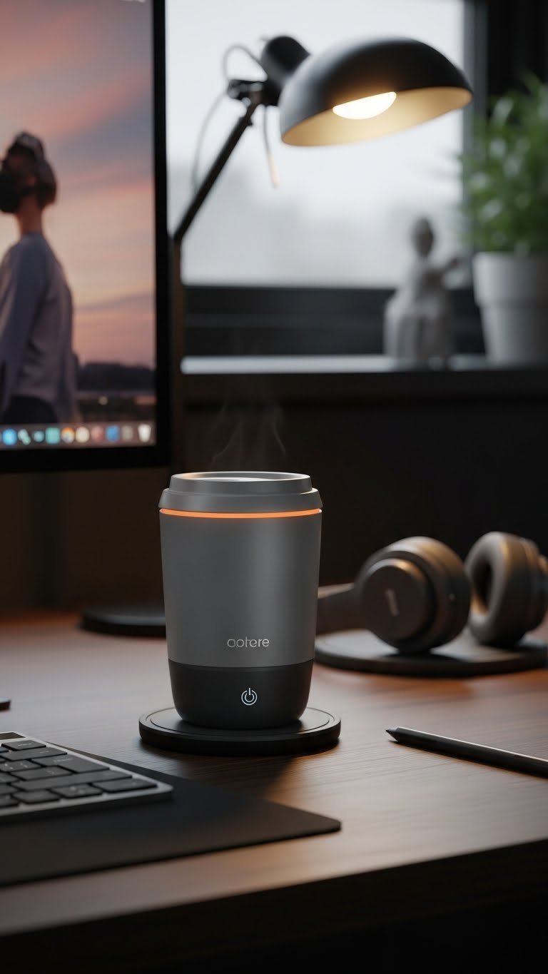 Modern temperature-controlled smart coffee mug glowing on charging coaster on tech-oriented desk setup.