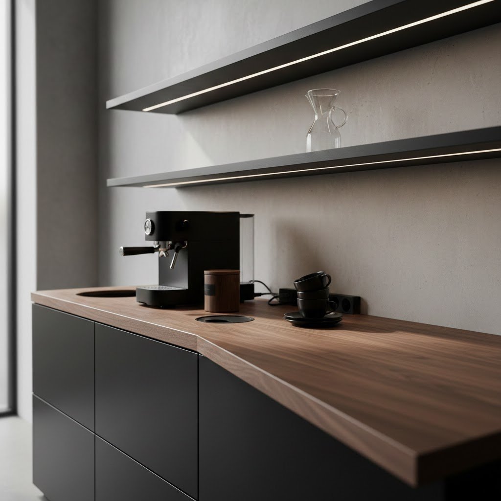 Modular black coffee bar with adaptable shelving and empty spaces ready for expansion on dark wood countertop