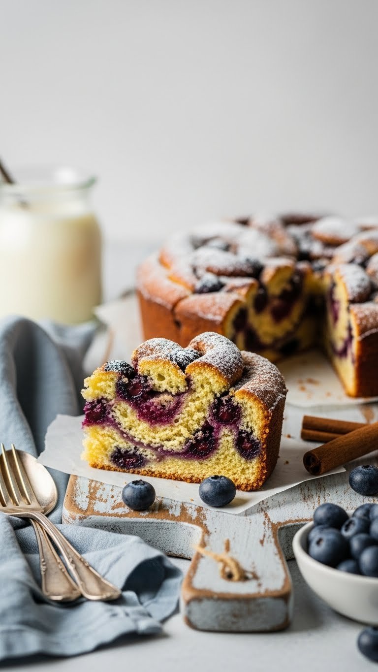 Moist blueberry cinnamon swirl protein coffee cake slice with plump blueberries, powdered sugar, on a wooden board.