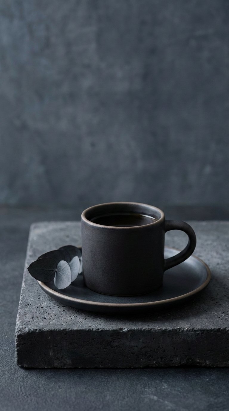Monochromatic black coffee composition with charcoal tones and muted green botanical elements on concrete surface