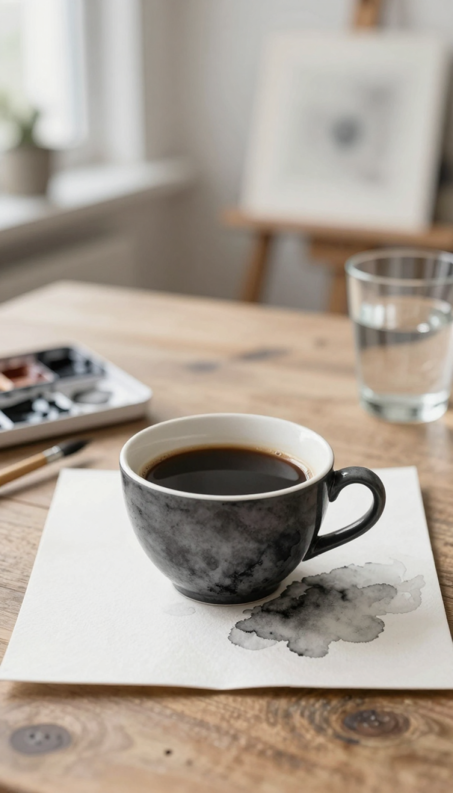 Monochrome watercolor black coffee painting with soft gradients on rustic wooden table
