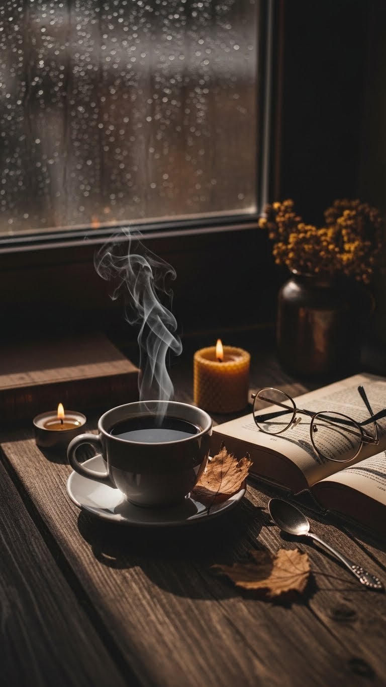 Moody Dark Academia still life with steaming black coffee, classical novel, and spectacles casting dramatic shadows