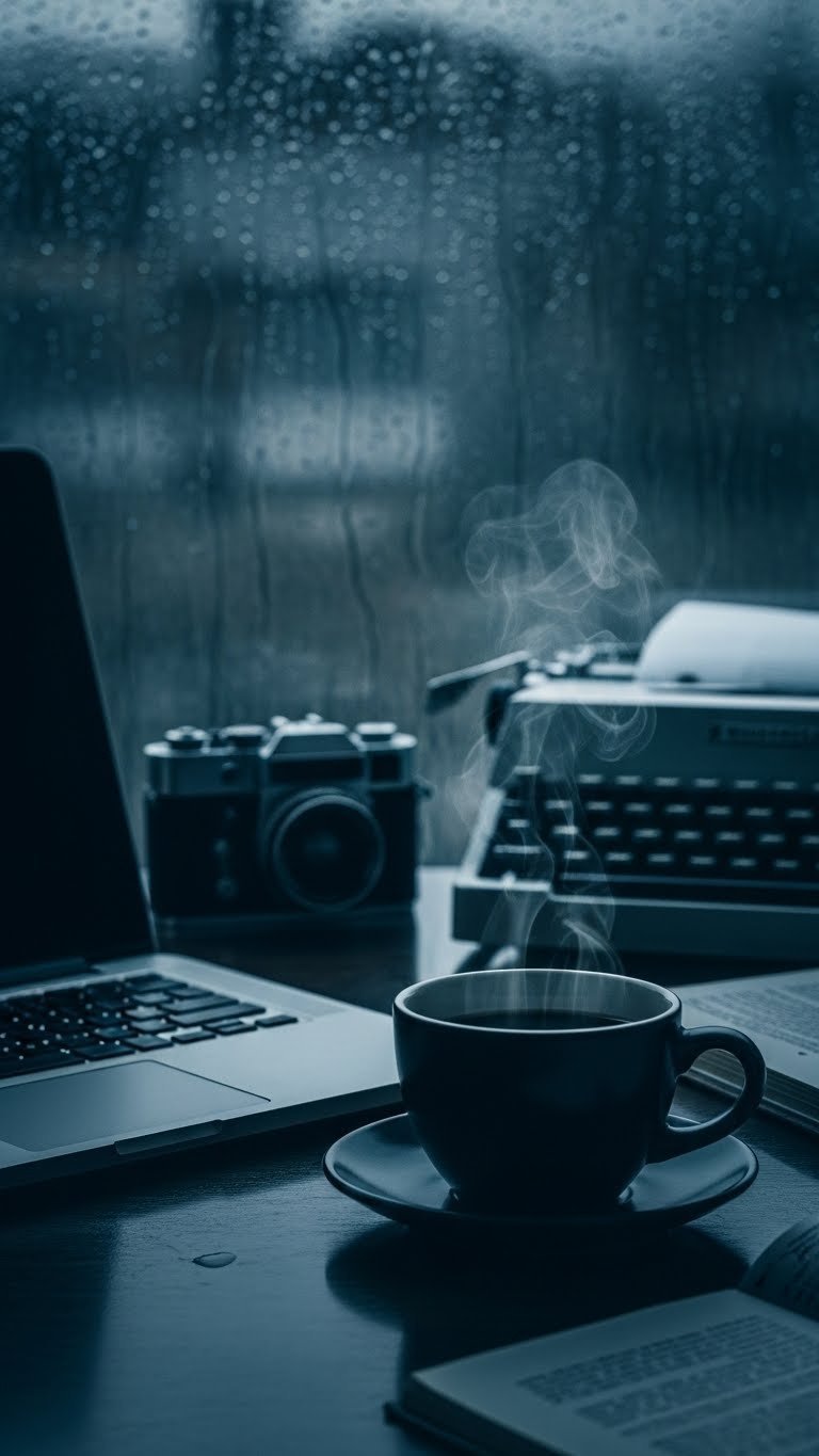 Moody cinematic workspace with laptop and heavy ceramic coffee mug featuring dramatic lighting and shadows