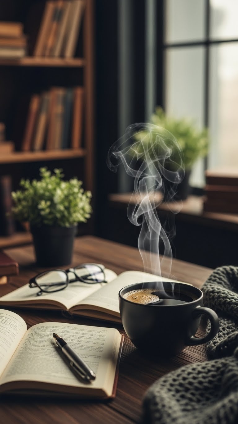 Master Black Coffee Aesthetic Video: 9 Ultimate Ideas 3 Moody dark academia workspace with steaming black coffee mug beside antique journal and fountain pen on rustic wooden desk