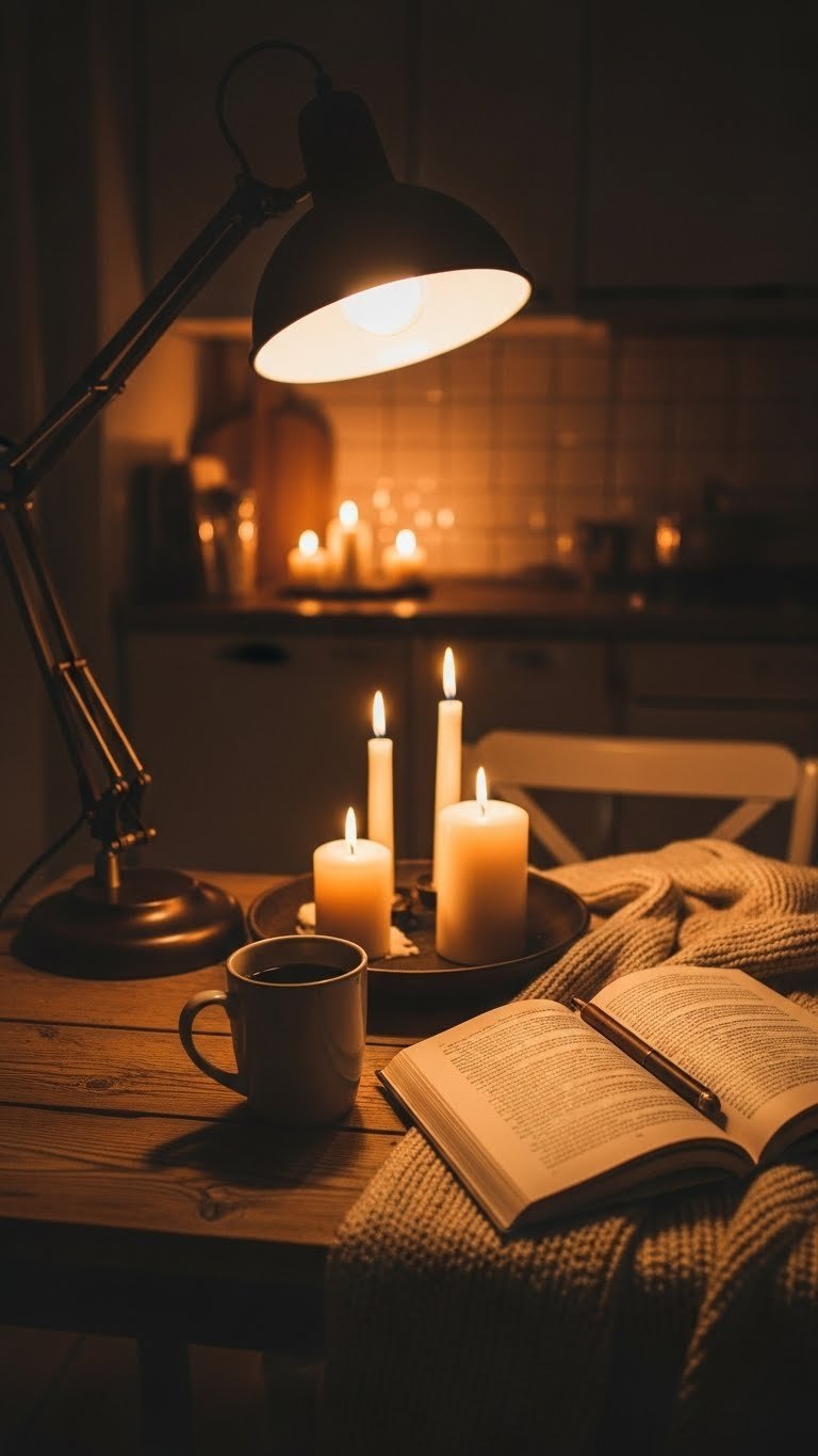 Moody lighting setup with vintage floor lamp and candles casting soft shadows for dark coffee aesthetic