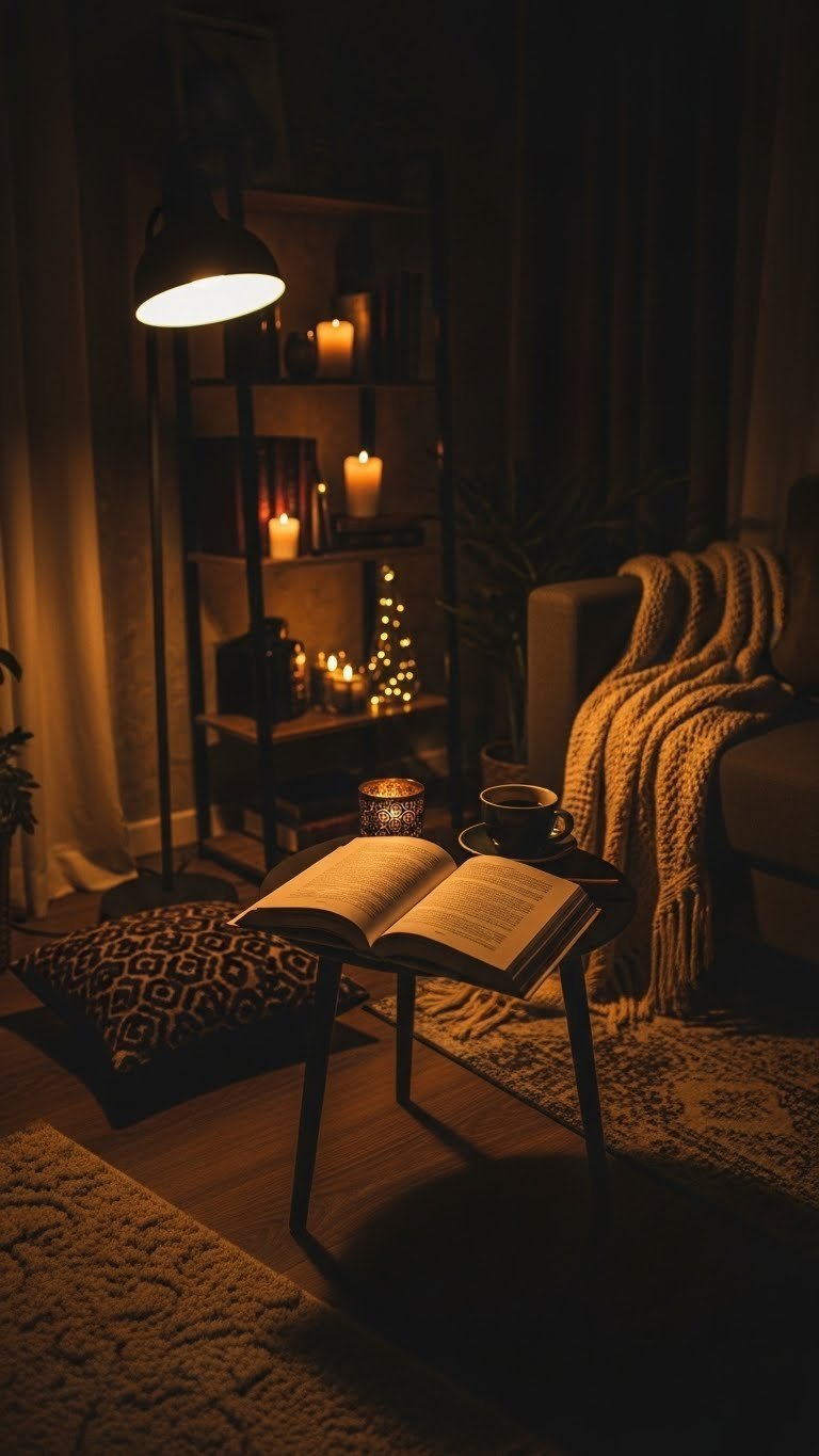 Ultimate Black Coffee Book Aesthetic 7 Cozy Decor Ideas 9 Moody living space with dramatic golden lighting illuminating book and coffee on dark-toned side table