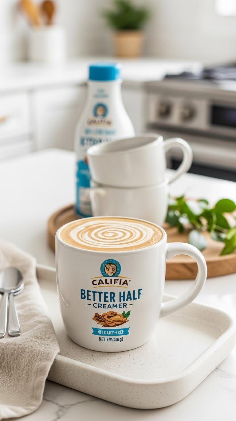 Mug of coffee with Califia Farms Better Half creamer swirl on minimalist wooden tray with fresh greenery