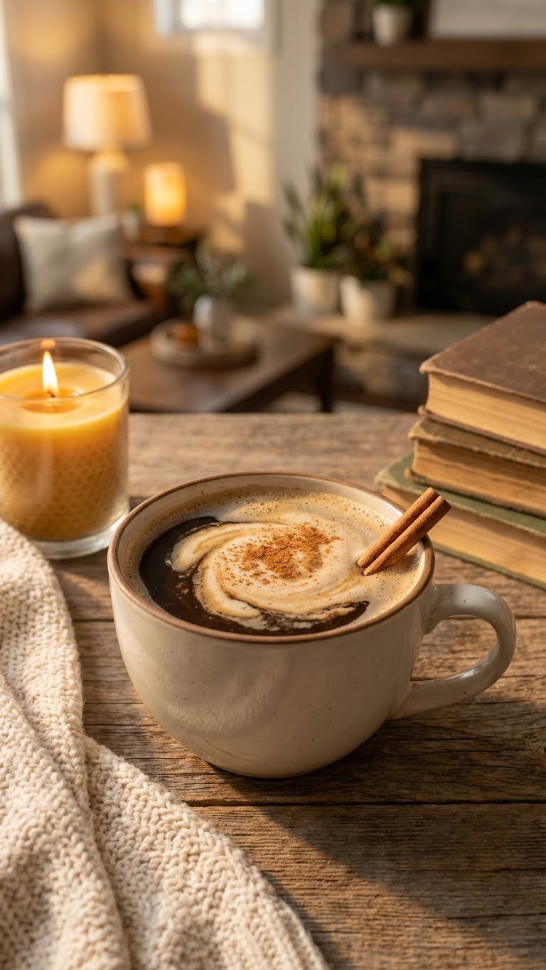 Easy Protein Coffee Creamer: Healthy Recipe for Delicious Mornings 5 Mug of coffee with cinnamon-spiced protein creamer, topped with cinnamon and a stick, on a rustic table with a cozy blanket.