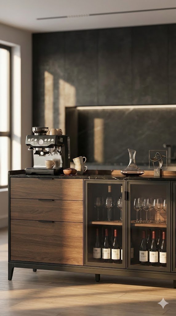 Multi-functional black coffee and wine bar sideboard with espresso machine and glass-front cabinets