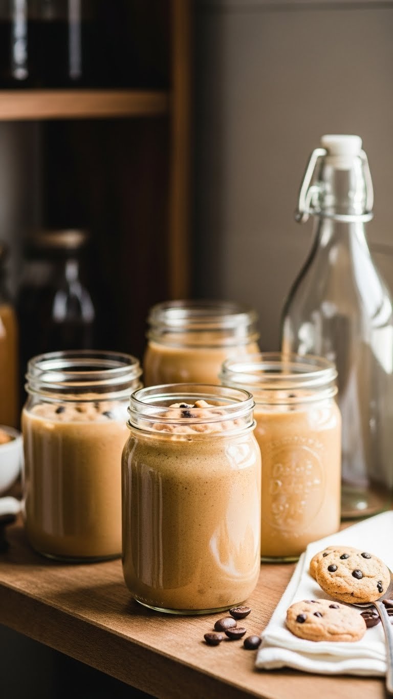 Multiple mason jars filled with golden-brown cookie dough coffee syrup arranged on rustic wooden shelf