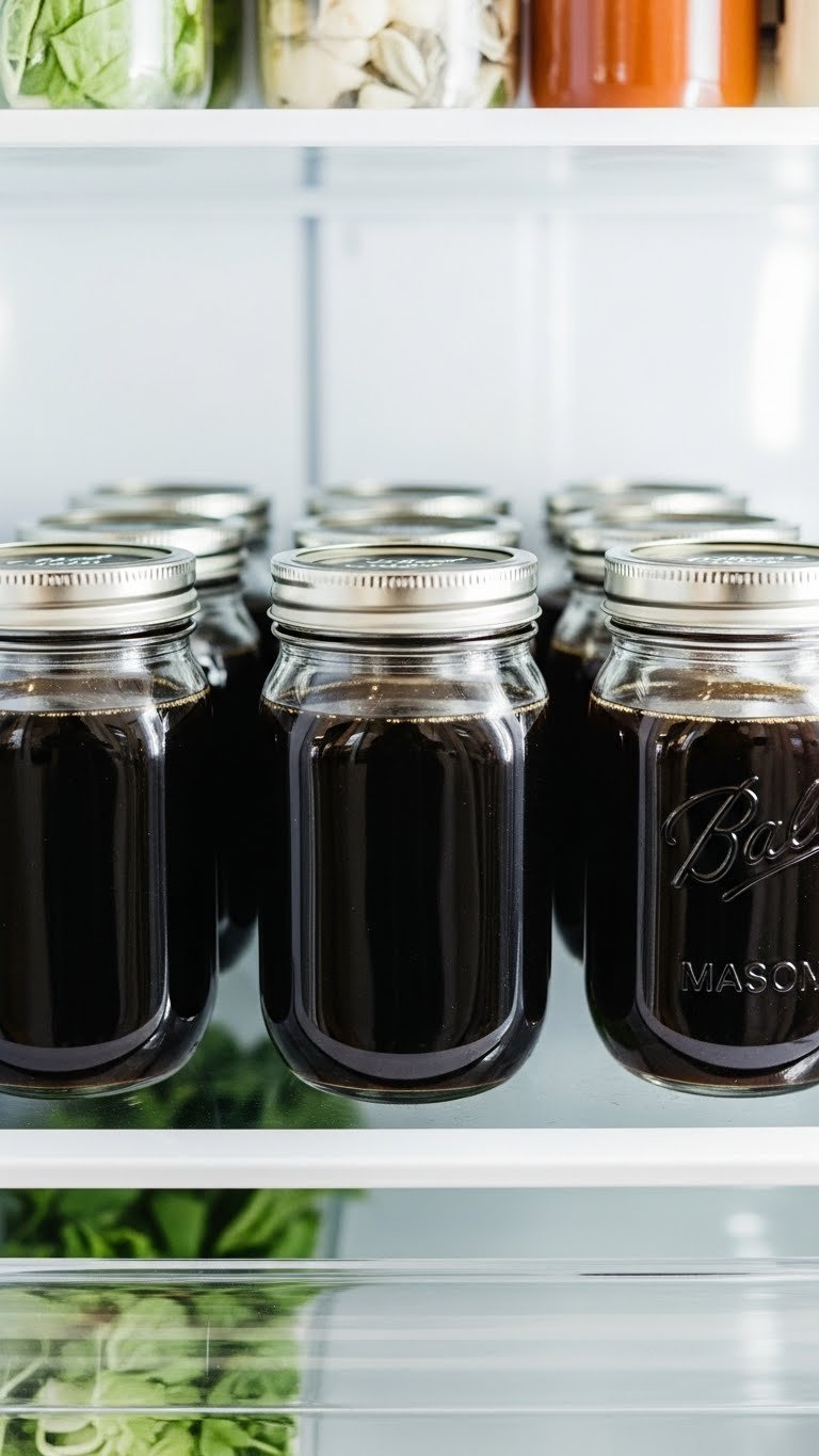 Multiple mason jars of dark cold brew concentrate organized neatly on bright refrigerator shelf.