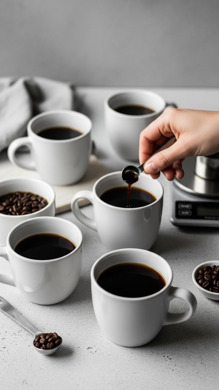Multiple mugs of black coffee arranged on light stone surface with measuring spoon symbolizing mindful caffeine intake