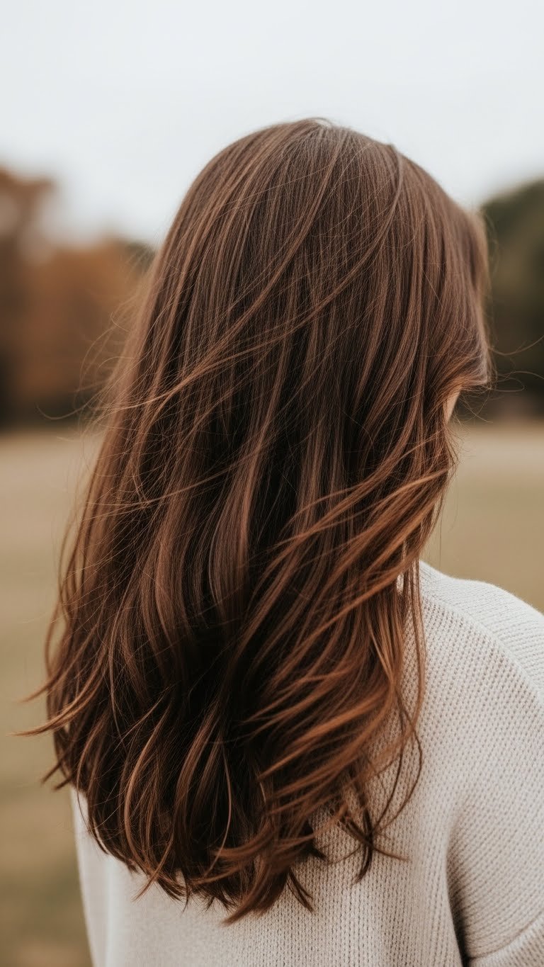 Natural-looking coffee brown hair in casual outdoor setting with soft texture and subtle earthy color palette