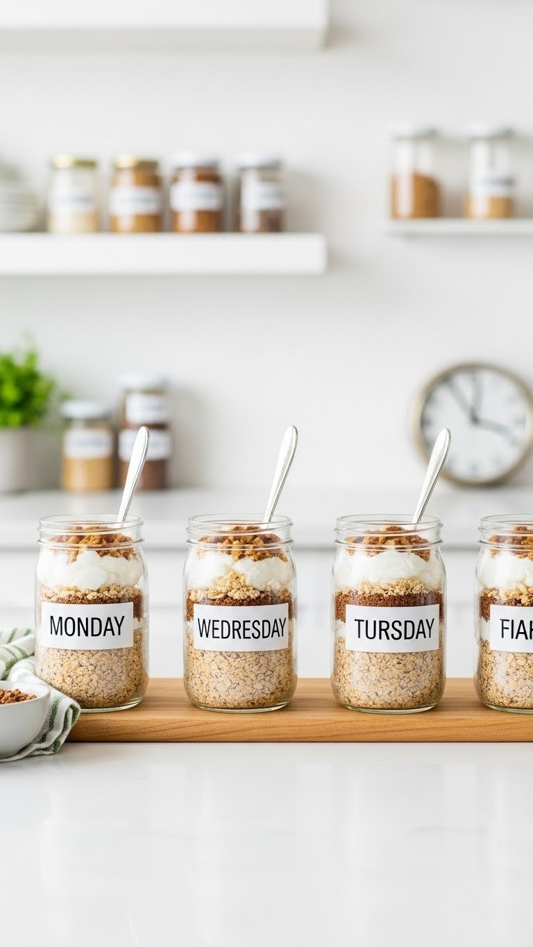 Essential Whipped Coffee Overnight Oats for Busy Mornings 11 Neat row of meal-prepped whipped coffee overnight oats jars organized for weekly preparation