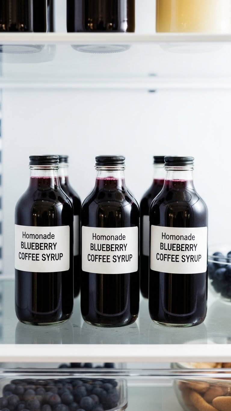 Neatly lined glass bottles of homemade blueberry coffee syrup stored in clean organized refrigerator interior