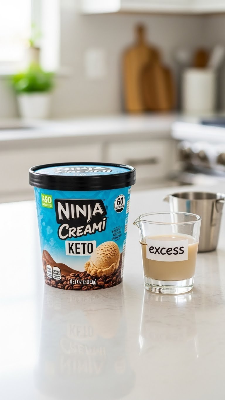 Ninja Creami pint with keto coffee ice cream base contrasted with clear glass of excess liquid