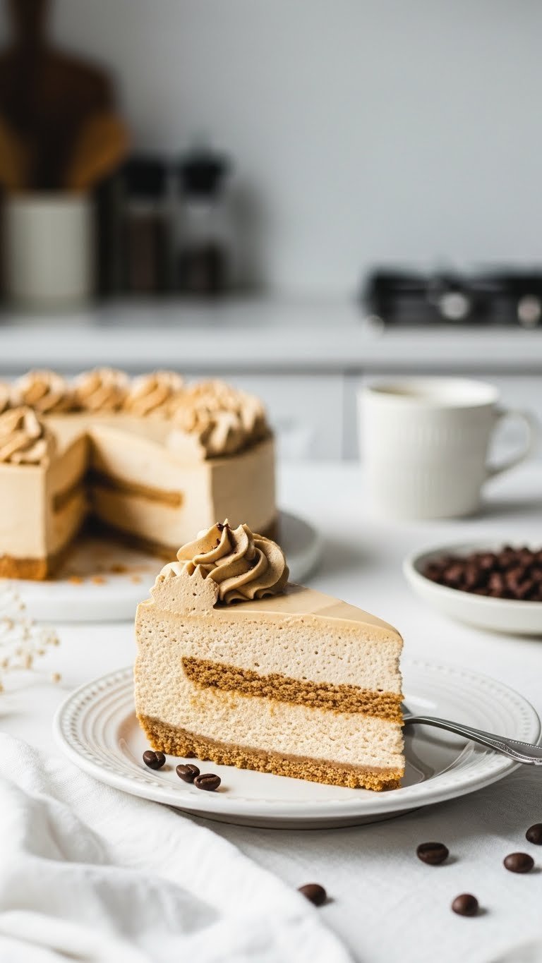 Ultimate Whipped Coffee Dessert: 5 Proven Recipes 3 No-bake whipped coffee cheesecake slice on white plate with graham cracker crust and coffee garnish