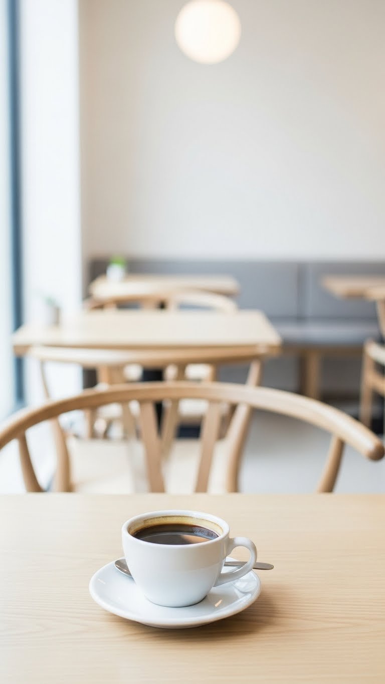 Nordic minimalist black coffee on light wood table at Coutume Instituutti Paris with serene bright daylight and ceramic cup