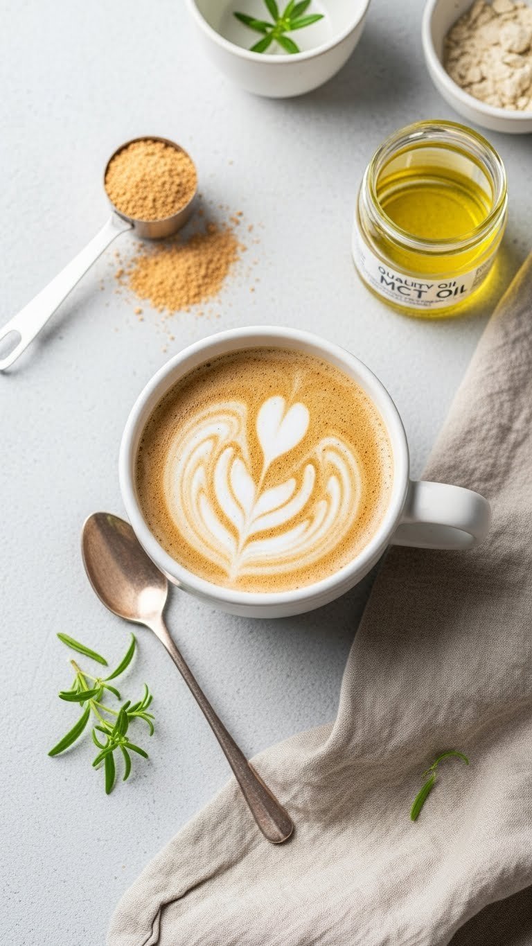 Nourishing keto coffee with collagen in elegant porcelain mug with wellness ingredients