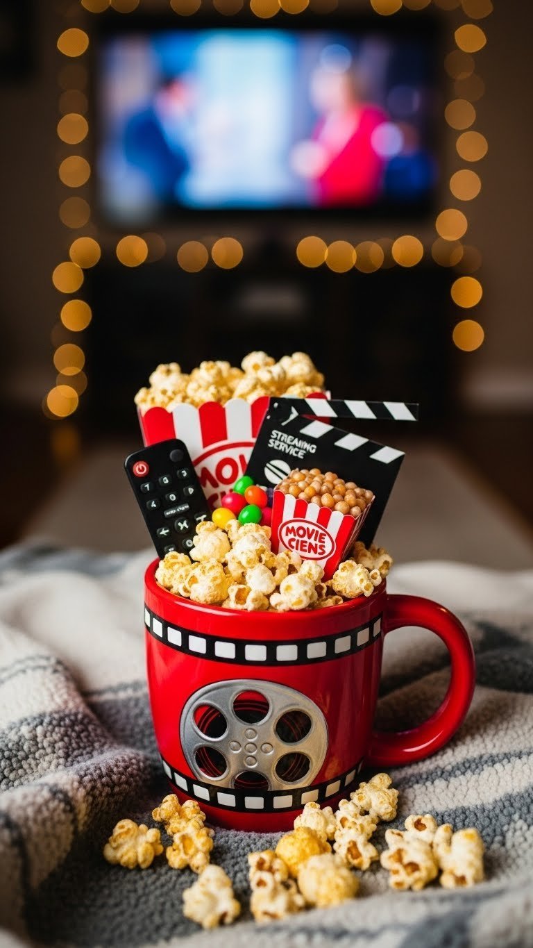 Novelty popcorn-shaped coffee mug filled with gourmet popcorn kernels, movie candy, and streaming gift card