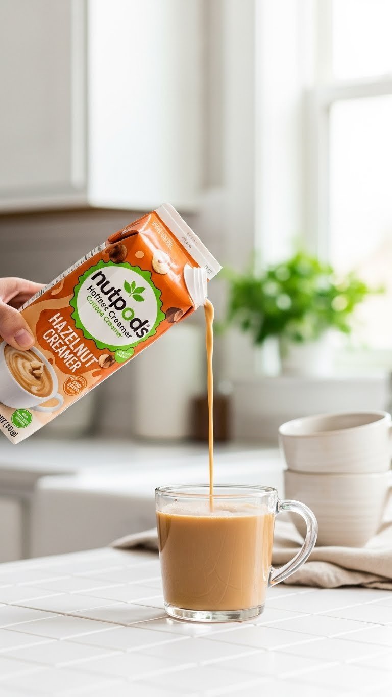 Nutpods Hazelnut Coffee Creamer carton pouring creamy liquid into transparent glass mug with bright airy kitchen background