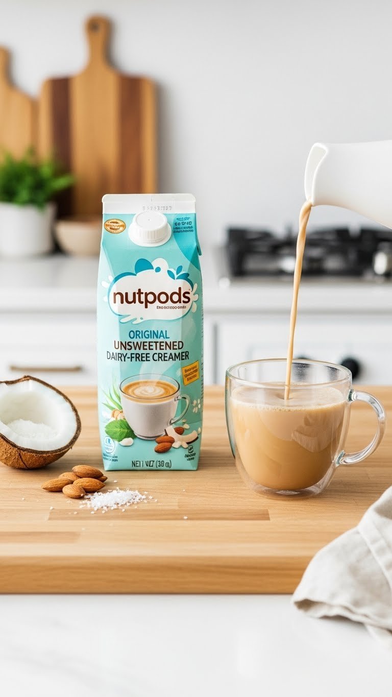 Nutpods dairy-free creamer carton pouring into glass mug on light wooden counter with almonds and coconut