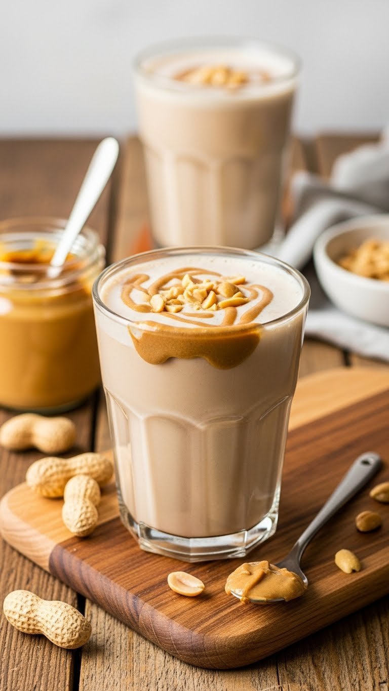 Vegan Protein Coffee: 7 Easy Recipes for a Smooth Start 9 Nutty peanut butter vegan protein coffee with creamy peanut butter and chopped peanuts on a rustic wooden board.
