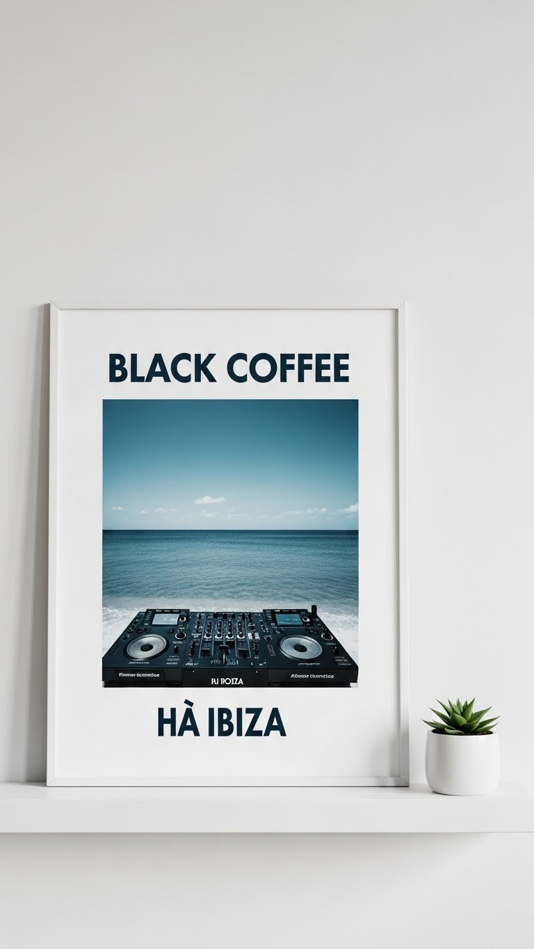 Black Coffee Art: The Definitive Guide to Collecting Posters 1 Official Black Coffee Hï Ibiza DJ poster framed on minimalist white shelf with soft bokeh background and natural window lighting