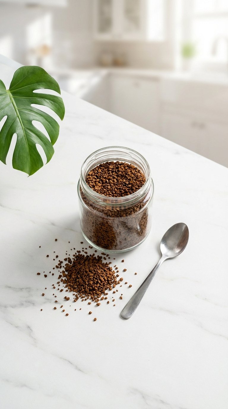 Vegan Whipped Coffee Recipe for Fluffy Dairy Free Perfection 1 Open glass jar of dark instant coffee granules spilled on white marble countertop with silver spoon and green leaf in minimalist kitchen setting