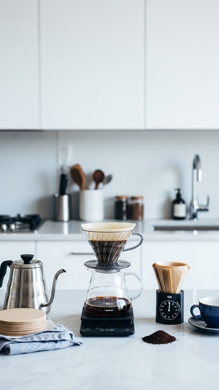 Organized V60 brewing station with ceramic dripper, gooseneck kettle, digital scale and coffee grounds on marble counter