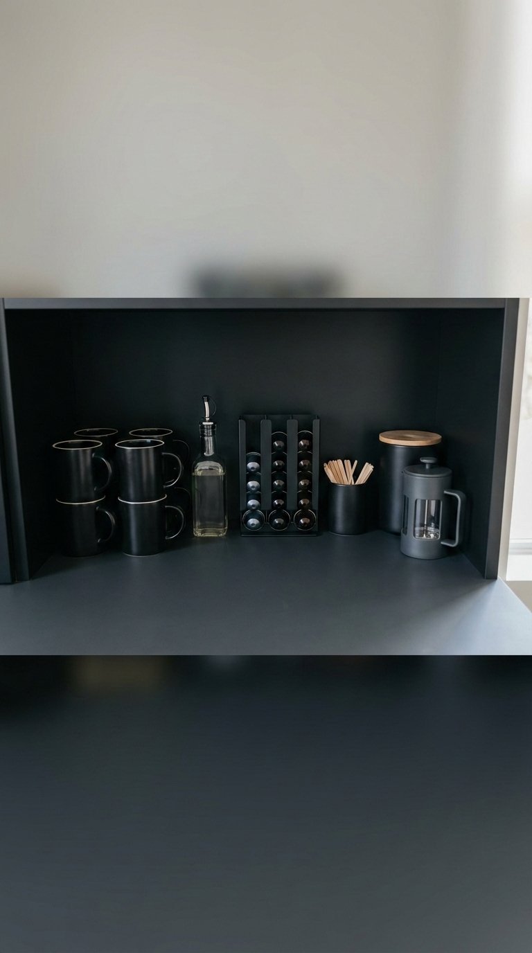 Organized black coffee bar cabinet interior with neatly stacked mugs, syrup dispensers, and coffee pods in dark-toned compartments