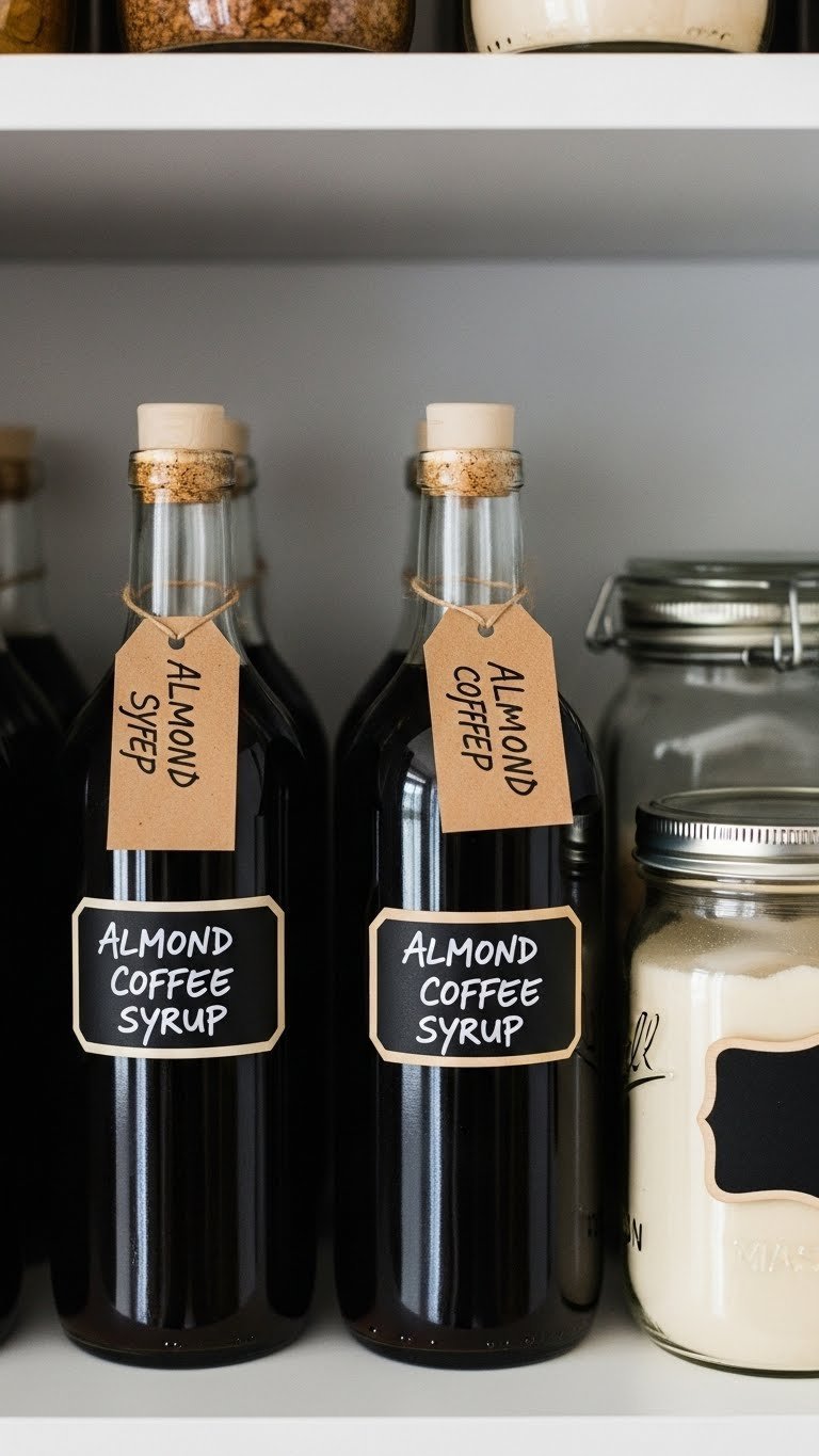 Organized glass bottles of homemade almond coffee syrup stored on pantry shelf with chalkboard labels and jars