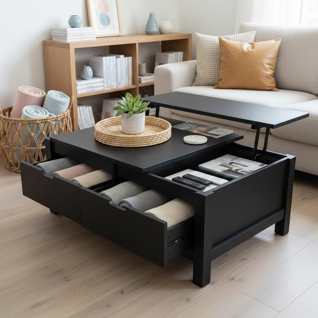 Organized living room with black coffee table featuring storage drawers and functional decorative tray