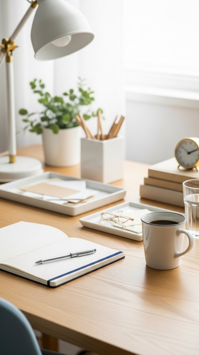 Organized minimalist desk space with journaling supplies and black coffee mug in clean setting