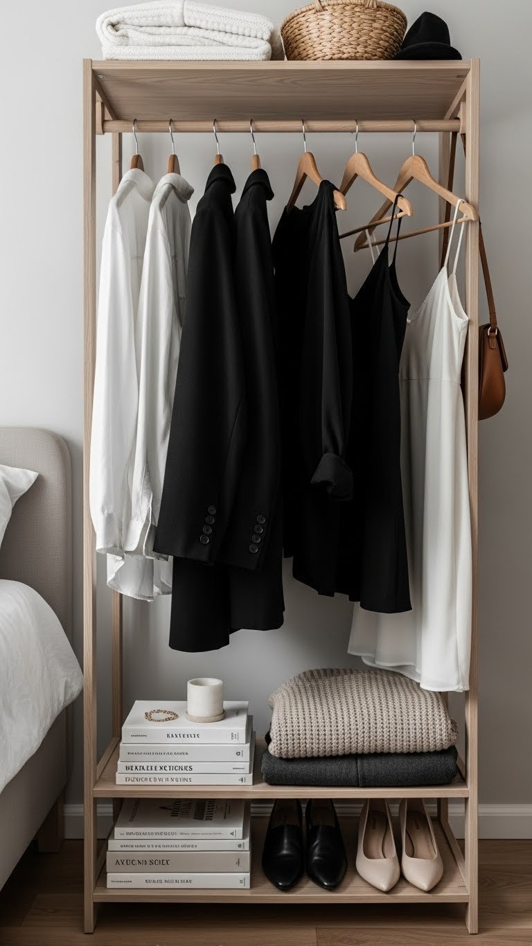 Organized minimalist wardrobe rack displaying black coffee aesthetic clothing items including blazer and trousers against soft blurred bedroom interior