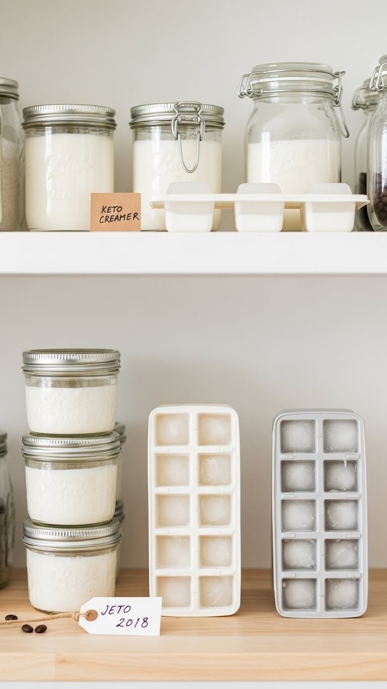Organized rows of clear glass jars and silicone ice cube trays filled with homemade keto creamer storage