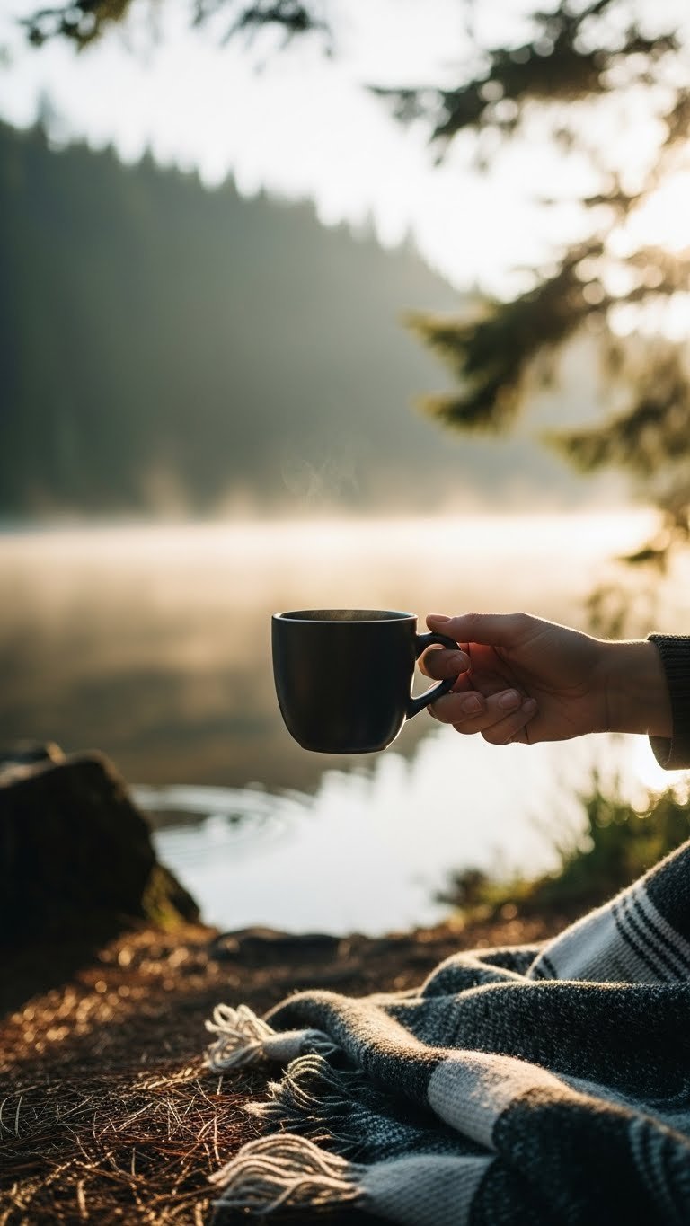 Master Black Coffee Aesthetic Video: 9 Ultimate Ideas 9 Outdoor coffee aesthetic with hand holding minimalist mug against misty forest backdrop during golden hour lighting