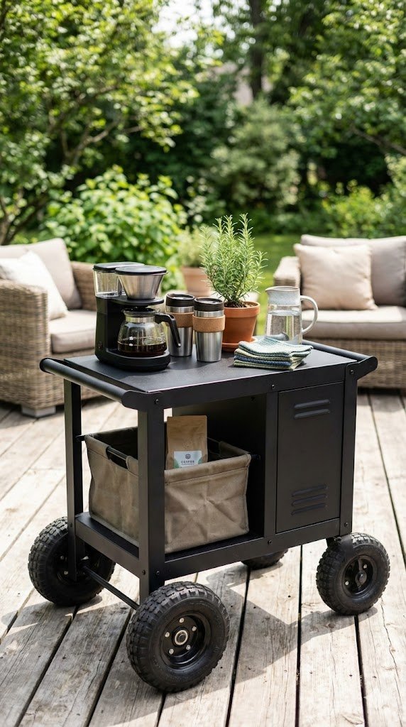 Outdoor-ready portable black coffee bar with weather-resistant materials and insulated travel mugs on weathered wooden deck.