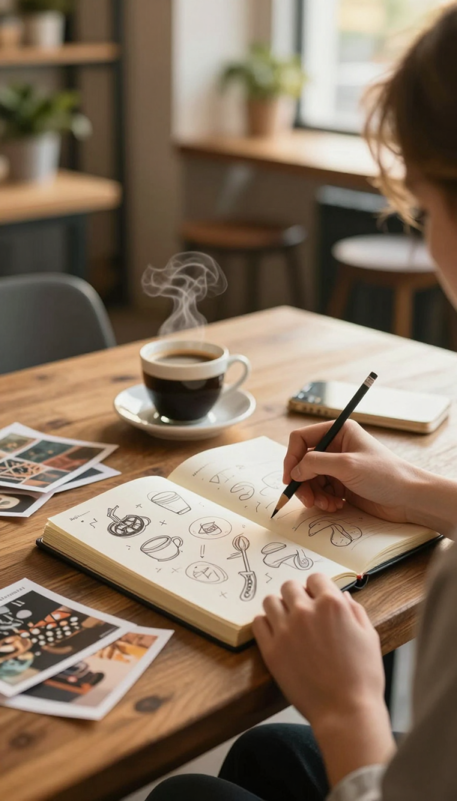 Over-the-shoulder view of person sketching coffee art ideas in journal with pencil and steaming coffee cup.