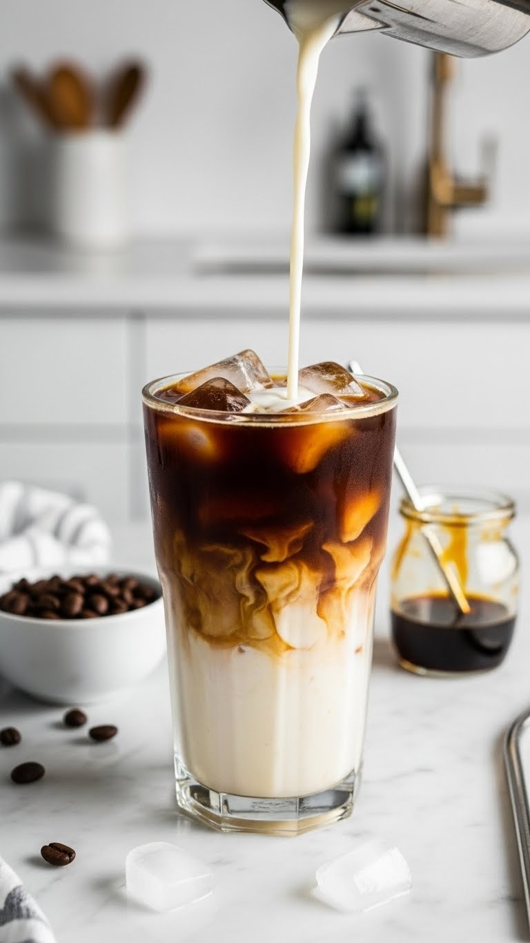 Overhead shot of keto cold brew with heavy cream and sugar-free vanilla being poured over ice cubes on light marble countertop