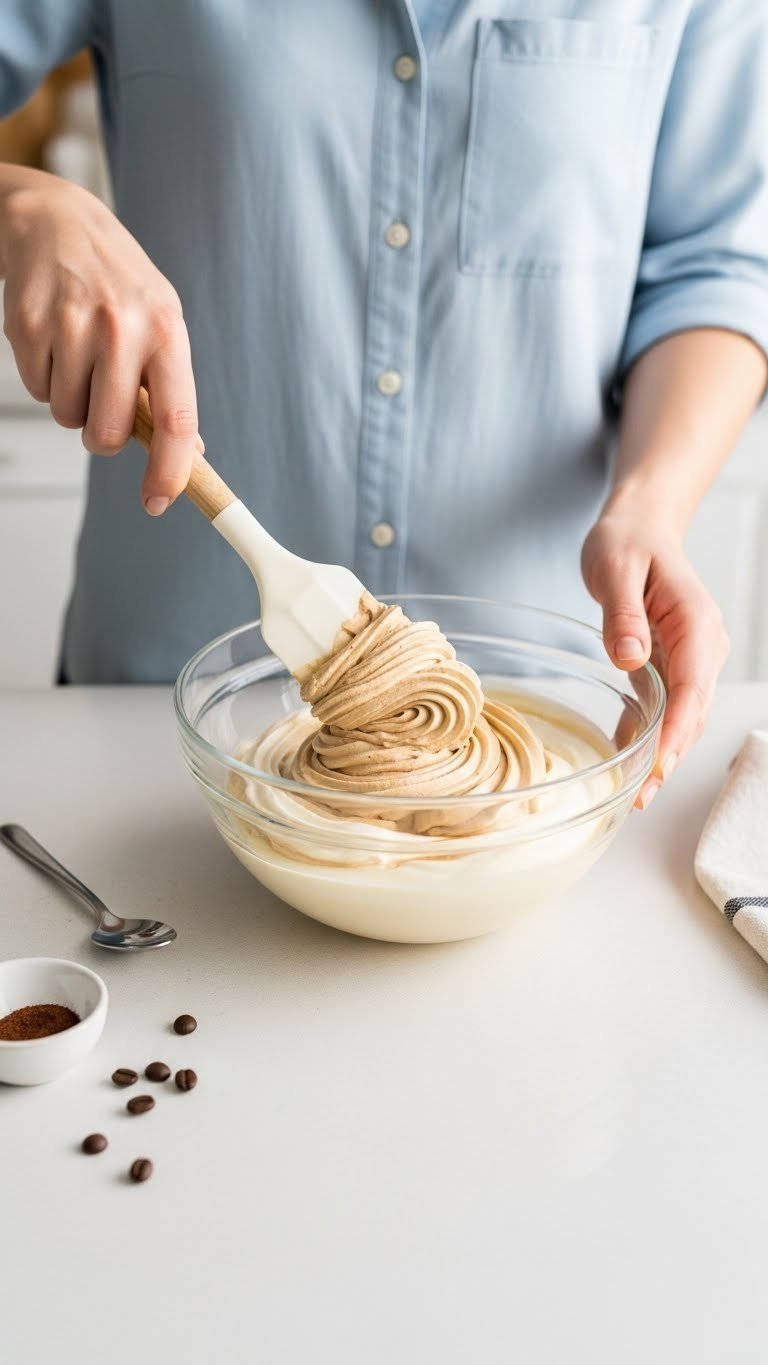 Overhead shot of whipped coffee mixture being folded into creamy ice cream base with silicone spatula creating swirls