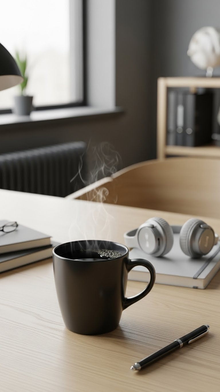 Oversized black ceramic coffee mug filled with steaming coffee on minimalist wooden desk
