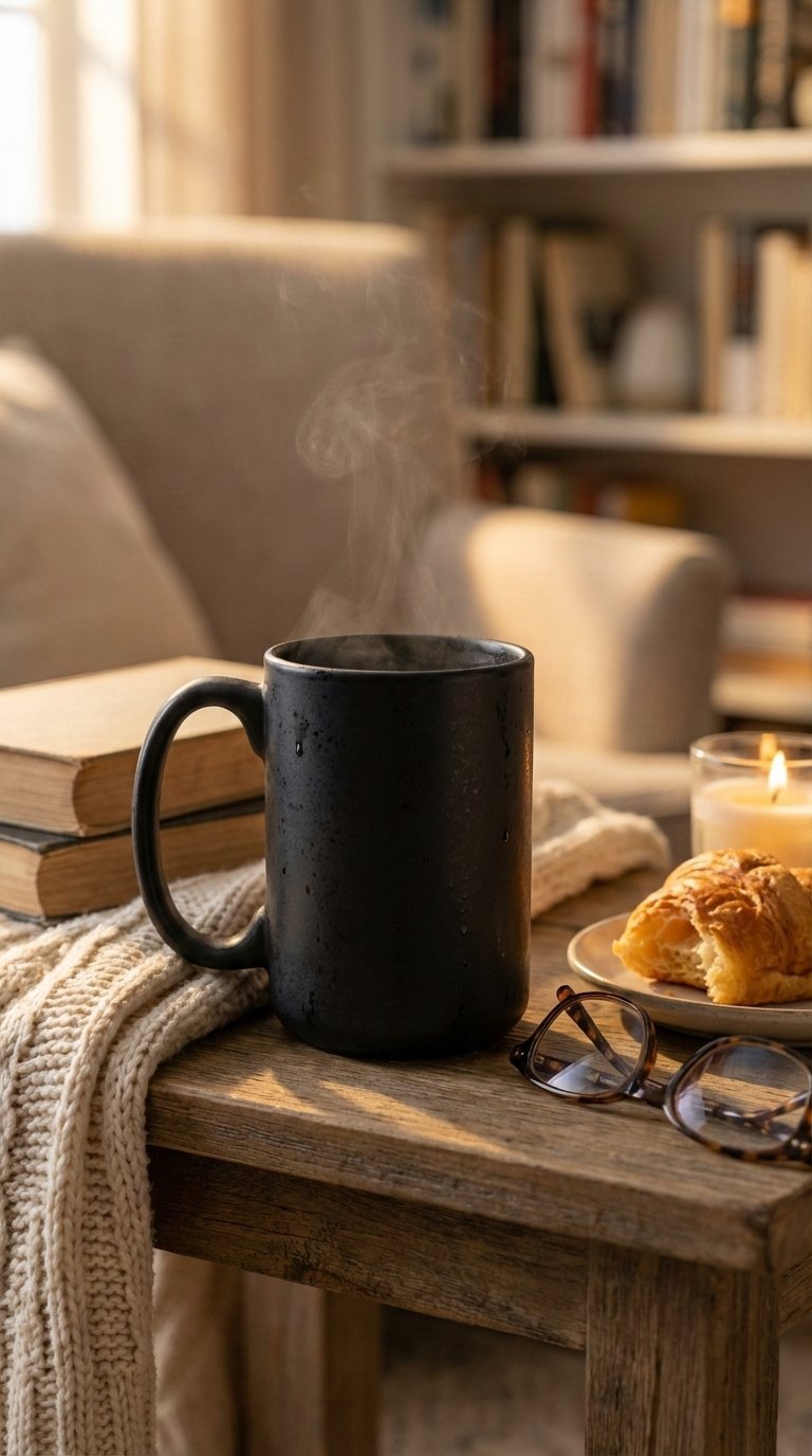 Oversized black coffee mug on rustic wood table in cozy reading nook with books