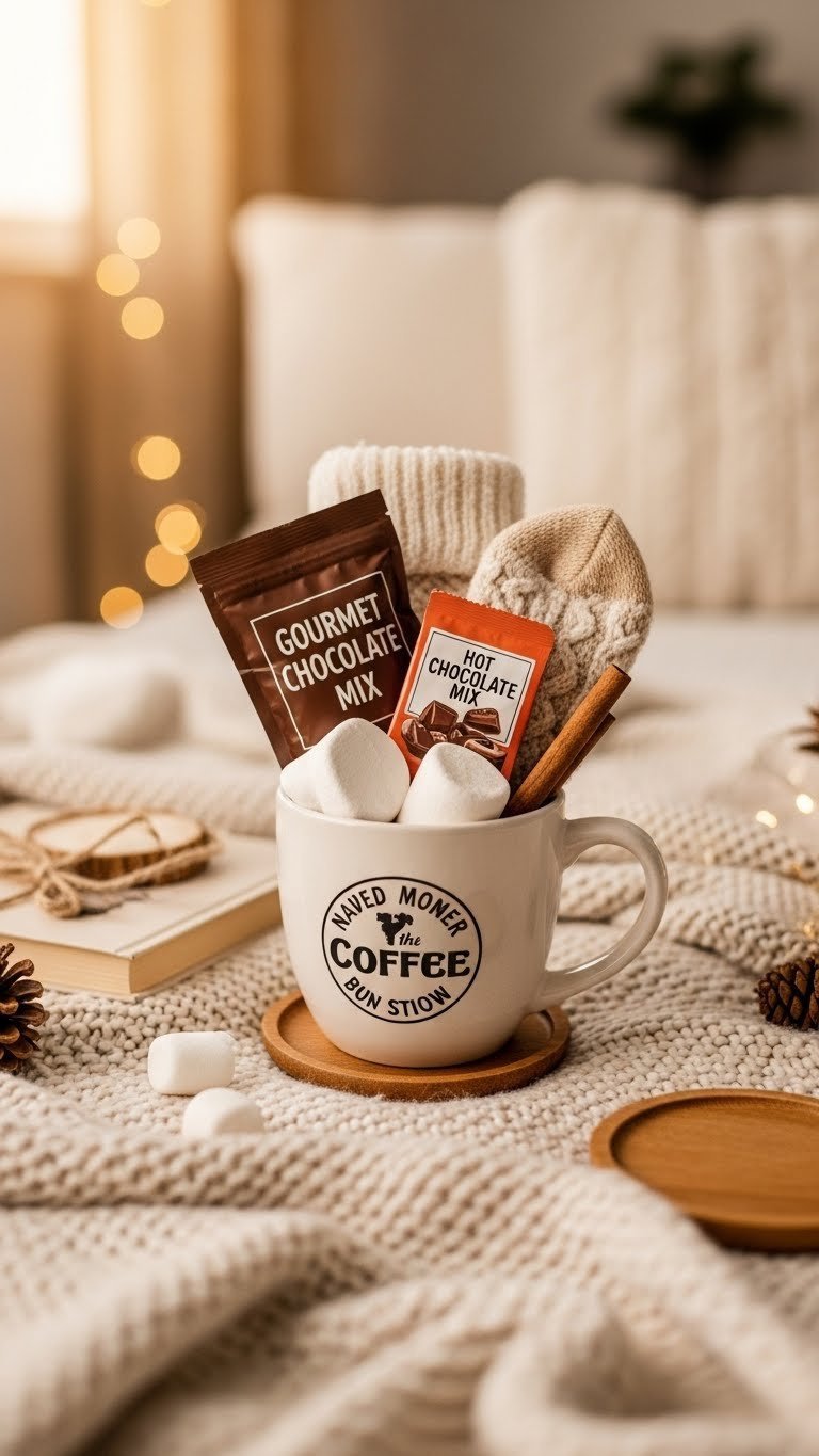 Oversized ceramic mug overflowing with plush socks, gourmet hot chocolate mix, and marshmallows on soft knitted blanket