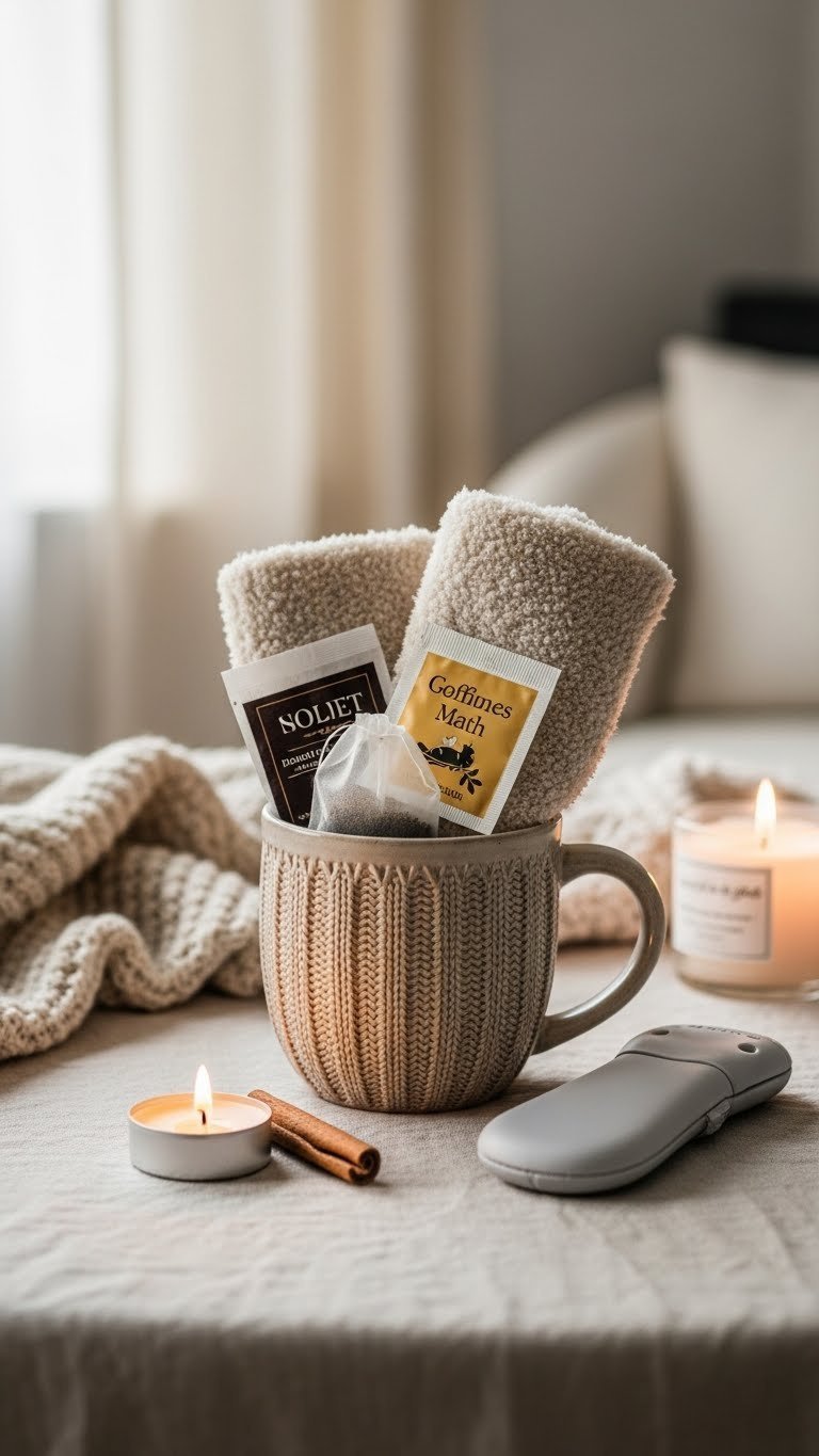 Oversized chunky knit ceramic mug filled with fuzzy socks, tea bags, hand warmer, and scented candle on linen tablecloth