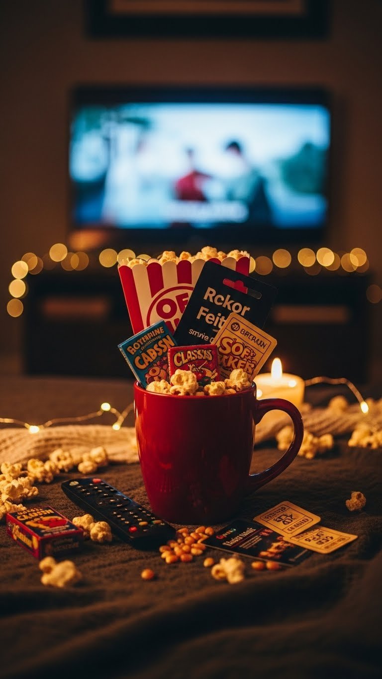 Oversized coffee mug with popcorn kernels, movie candy, and streaming gift card on dark blanket for cozy movie night gift