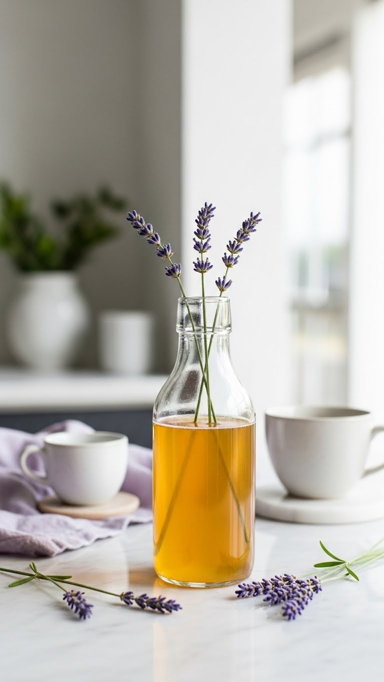 Pale golden honey lavender coffee syrup in glass bottle with lavender sprigs on marble surface
