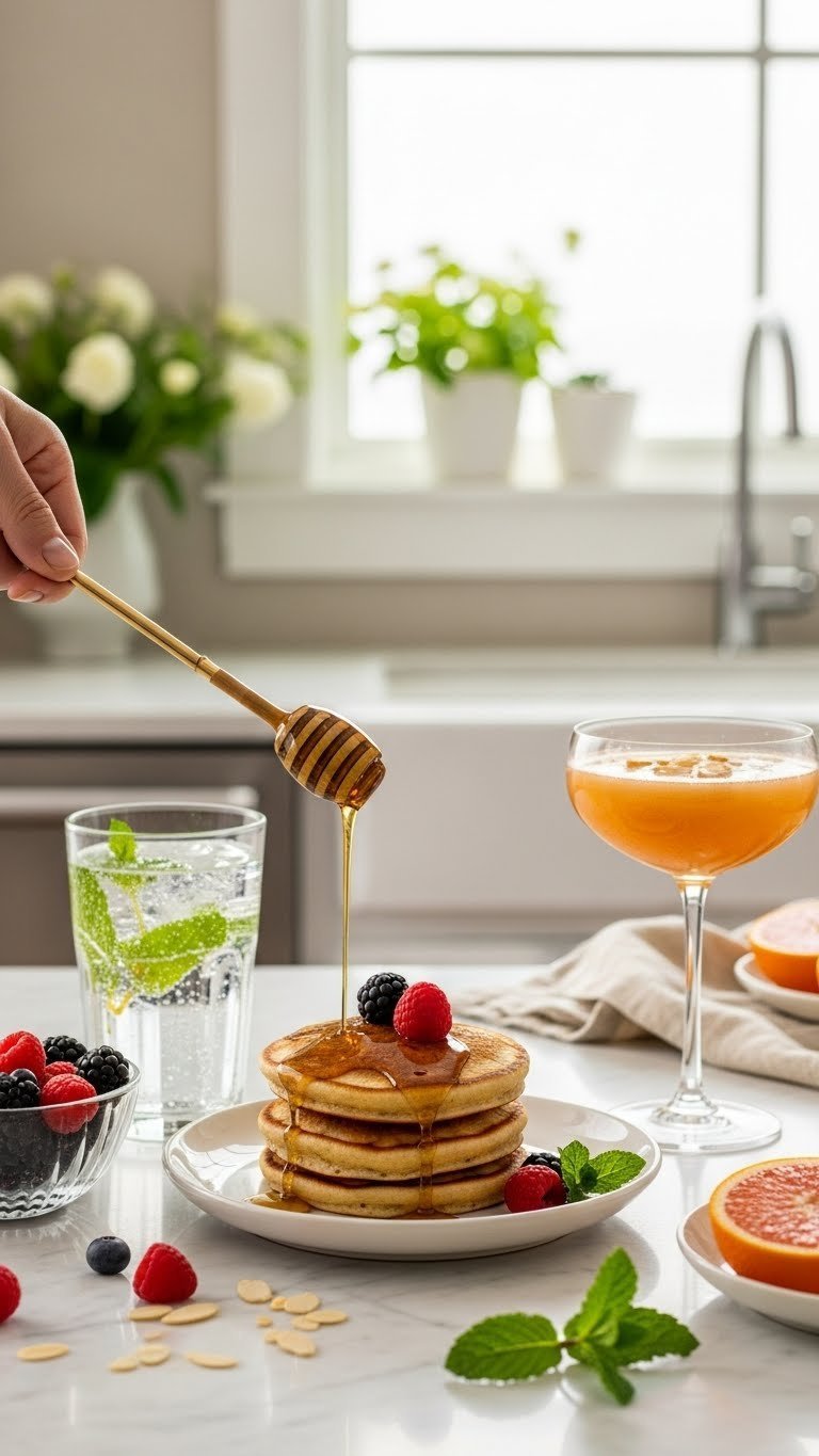 Pancakes drizzled with almond syrup alongside sparkling water and cocktail glass on marble countertop with berries
